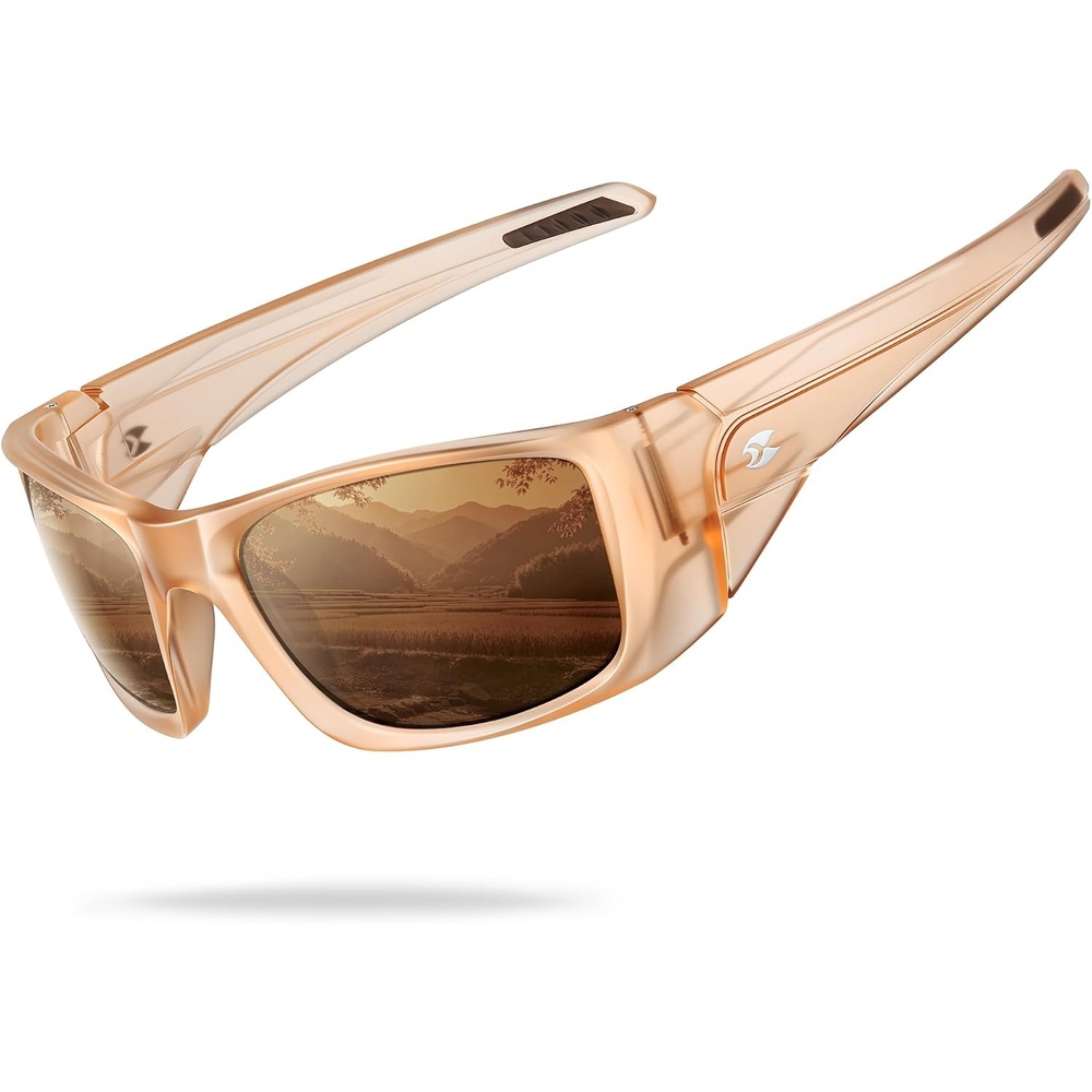 image:imagesuoso Polarized Sports Sunglasses for Men UV400 Wrap Around TR90 Ideal for Fishing Driving Cycling Running Golf Wide Temples Polarized Lenses Reduce Glare Scratch Resistant AntiSlipC16champagne Frame Brown Lens