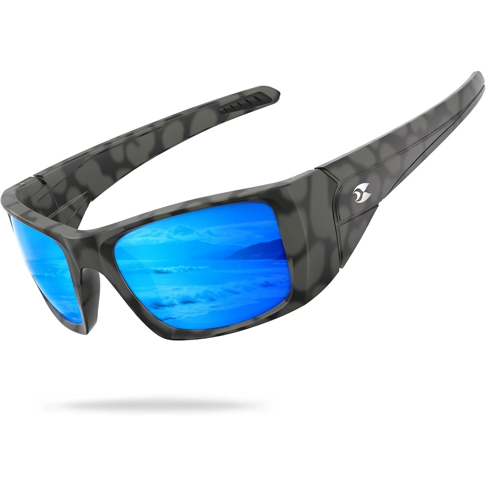 image:imagesuoso Polarized Sports Sunglasses for Men UV400 Wrap Around TR90 Ideal for Fishing Driving Cycling Running Golf Wide Temples Polarized Lenses Reduce Glare Scratch Resistant AntiSlipC04black Grey Camo FrameBlue Lens