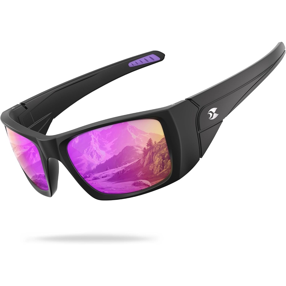 image:imagesuoso Polarized Sports Sunglasses for Men UV400 Wrap Around TR90 Ideal for Fishing Driving Cycling Running Golf Wide Temples Polarized Lenses Reduce Glare Scratch Resistant AntiSlipC06black FramePinkish Purple Lens