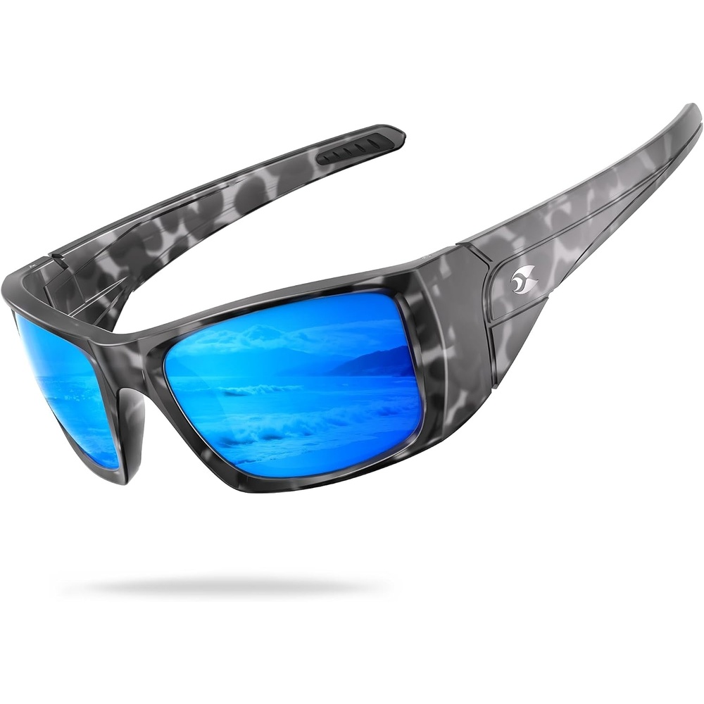 image:imagesuoso Polarized Sports Sunglasses for Men UV400 Wrap Around TR90 Ideal for Fishing Driving Cycling Running Golf Wide Temples Polarized Lenses Reduce Glare Scratch Resistant AntiSlipC05black Clear Camo FrameBlue Lens