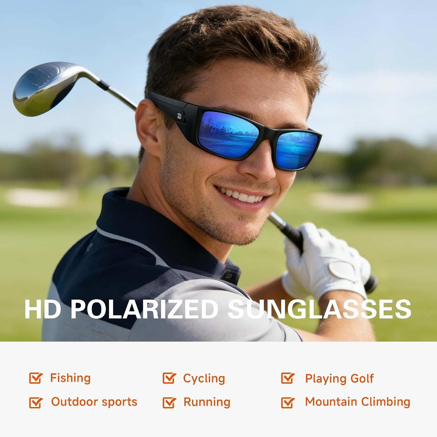 image:imagesuoso Polarized Sports Sunglasses for Men UV400 Wrap Around TR90 Ideal for Fishing Driving Cycling Running Golf Wide Temples Polarized Lenses Reduce Glare Scratch Resistant AntiSlipC02black FrameBlue Lens