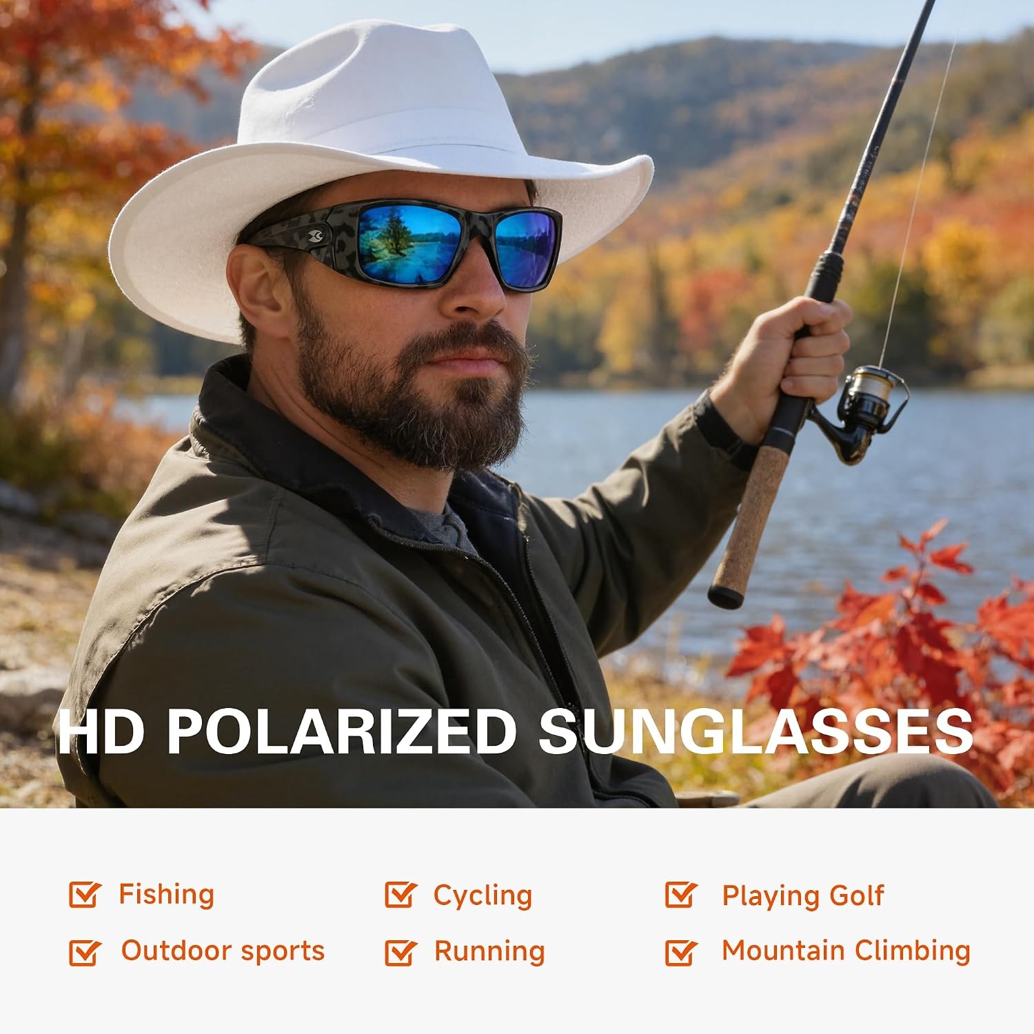 image:imagesuoso Polarized Sports Sunglasses for Men UV400 Wrap Around TR90 Ideal for Fishing Driving Cycling Running Golf Wide Temples Polarized Lenses Reduce Glare Scratch Resistant AntiSlipC05black Clear Camo FrameBlue Lens