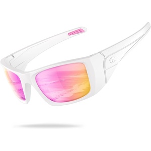 suoso Polarized Sports Sunglasses for Men, UV400 Wrap Around TR90 | Ideal for Fishing, Driving, Cycling, Running, Golf; Wide Temples; Polarized Lenses Reduce Glare; Scratch Resistant; Anti-Slip(C07-white Frame/Pink Lens)